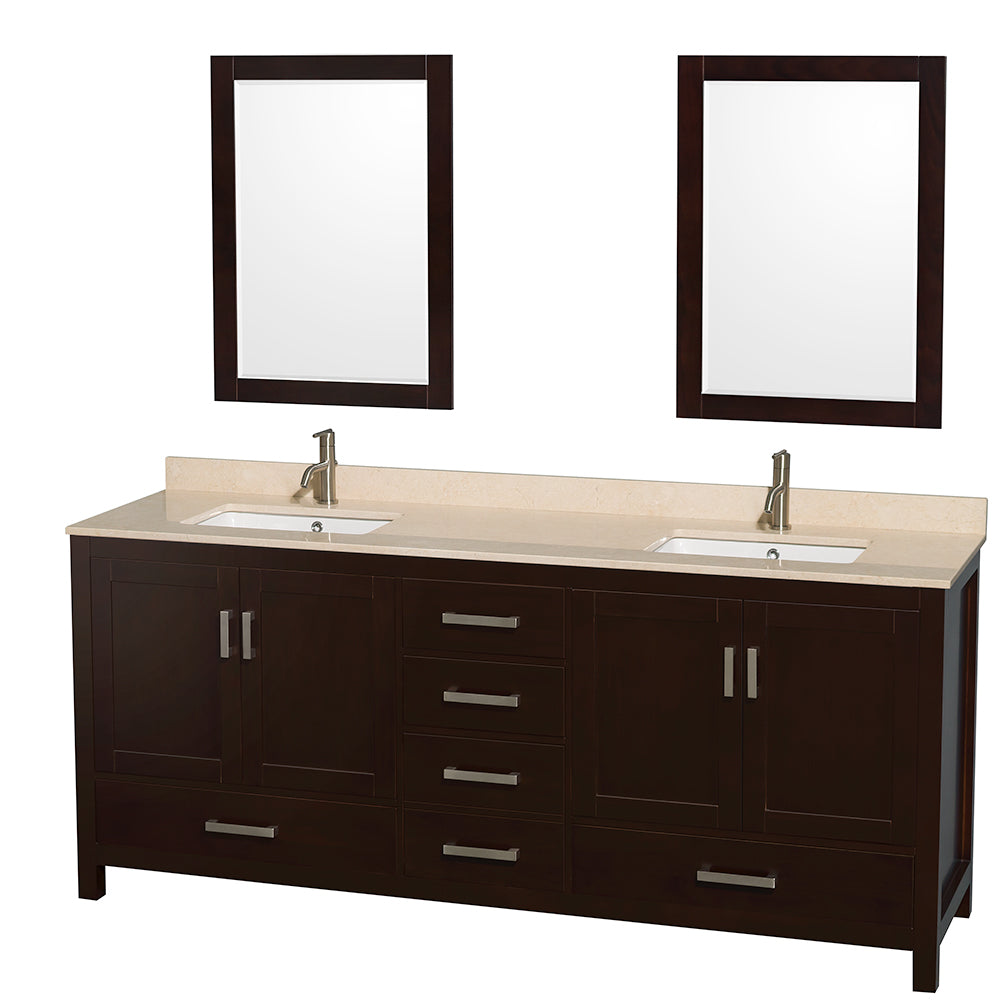 Wyndham Sheffield 80 Inch Double Bathroom Vanity in Espresso, Ivory Marble Countertop, Undermount Square Sinks, and 24 Inch Mirrors- Wyndham