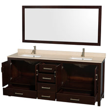 Load image into Gallery viewer, Wyndham Sheffield 80 Inch Double Bathroom Vanity in Espresso, Ivory Marble Countertop, Undermount Square Sinks, and 70 Inch Mirror- Wyndham