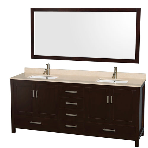 Wyndham Sheffield 80 Inch Double Bathroom Vanity in Espresso, Ivory Marble Countertop, Undermount Square Sinks, and 70 Inch Mirror- Wyndham