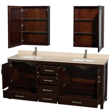 Load image into Gallery viewer, Wyndham Sheffield 80 Inch Double Bathroom Vanity in Espresso, Ivory Marble Countertop, Undermount Square Sinks, and Medicine Cabinets- Wyndham