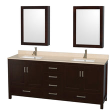 Load image into Gallery viewer, Wyndham Sheffield 80 Inch Double Bathroom Vanity in Espresso, Ivory Marble Countertop, Undermount Square Sinks, and Medicine Cabinets- Wyndham