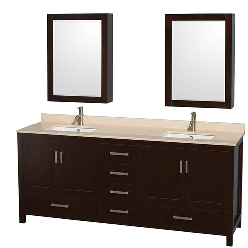 Wyndham Sheffield 80 Inch Double Bathroom Vanity in Espresso, Ivory Marble Countertop, Undermount Square Sinks, and Medicine Cabinets- Wyndham