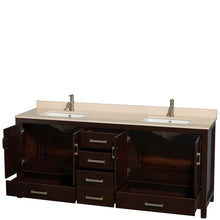 Load image into Gallery viewer, Wyndham Sheffield 80 Inch Double Bathroom Vanity in Espresso, Ivory Marble Countertop, Undermount Square Sinks, and No Mirror- Wyndham