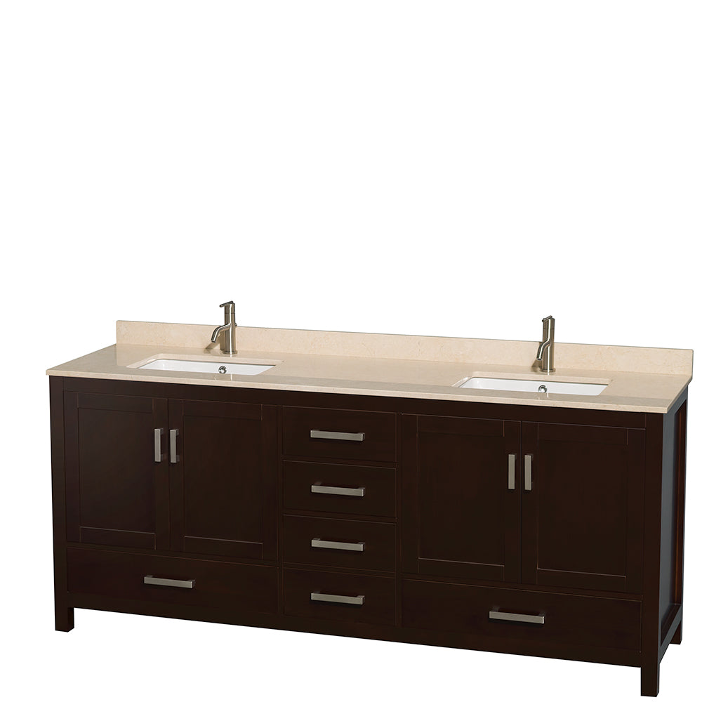 Wyndham Sheffield 80 Inch Double Bathroom Vanity in Espresso, Ivory Marble Countertop, Undermount Square Sinks, and No Mirror- Wyndham