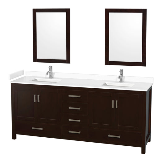 Wyndham Sheffield 80 Inch Double Bathroom Vanity in Espresso, White Cultured Marble Countertop, Undermount Square Sinks, 24 Inch Mirrors- Wyndham