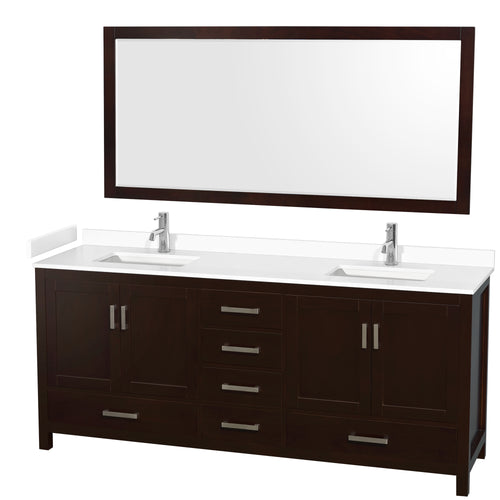 Wyndham Sheffield 80 Inch Double Bathroom Vanity in Espresso, White Cultured Marble Countertop, Undermount Square Sinks, 70 Inch Mirror- Wyndham