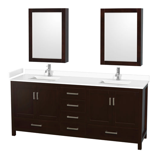 Wyndham Sheffield 80 Inch Double Bathroom Vanity in Espresso, White Cultured Marble Countertop, Undermount Square Sinks, Medicine Cabinets- Wyndham