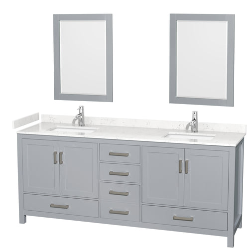 Wyndham Sheffield 80 Inch Double Bathroom Vanity in Gray, Carrara Cultured Marble Countertop, Undermount Square Sinks, 24 Inch Mirrors- Wyndham
