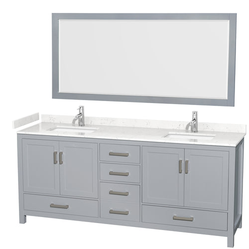 Wyndham Sheffield 80 Inch Double Bathroom Vanity in Gray, Carrara Cultured Marble Countertop, Undermount Square Sinks, 70 Inch Mirror- Wyndham