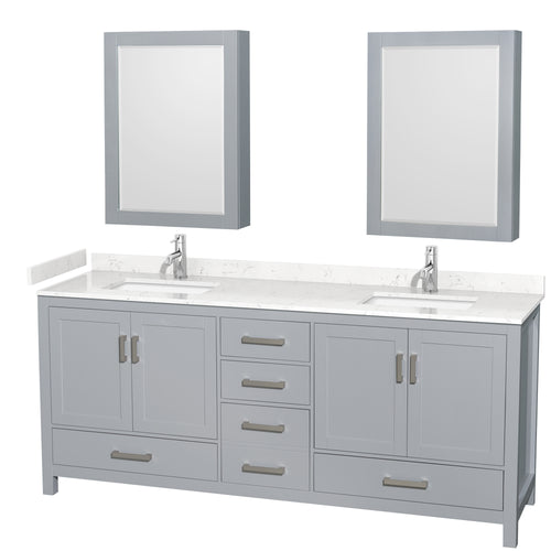 Wyndham Sheffield 80 Inch Double Bathroom Vanity in Gray, Carrara Cultured Marble Countertop, Undermount Square Sinks, Medicine Cabinets- Wyndham