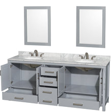Load image into Gallery viewer, Wyndham Sheffield 80 Inch Double Bathroom Vanity in Gray, White Carrara Marble Countertop, Undermount Oval Sinks, and 24 Inch Mirrors- Wyndham
