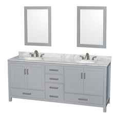 Load image into Gallery viewer, Wyndham Sheffield 80 Inch Double Bathroom Vanity in Gray, White Carrara Marble Countertop, Undermount Oval Sinks, and 24 Inch Mirrors- Wyndham