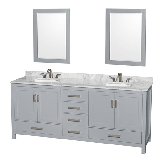 Wyndham Sheffield 80 Inch Double Bathroom Vanity in Gray, White Carrara Marble Countertop, Undermount Oval Sinks, and 24 Inch Mirrors- Wyndham