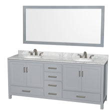 Load image into Gallery viewer, Wyndham Sheffield 80 Inch Double Bathroom Vanity in Gray, White Carrara Marble Countertop, Undermount Oval Sinks, and 70 Inch Mirror- Wyndham