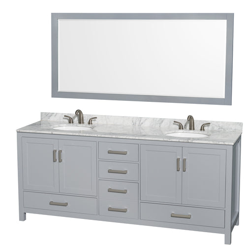 Wyndham Sheffield 80 Inch Double Bathroom Vanity in Gray, White Carrara Marble Countertop, Undermount Oval Sinks, and 70 Inch Mirror- Wyndham
