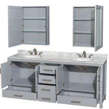 Load image into Gallery viewer, Wyndham Sheffield 80 Inch Double Bathroom Vanity in Gray, White Carrara Marble Countertop, Undermount Oval Sinks, and Medicine Cabinets- Wyndham