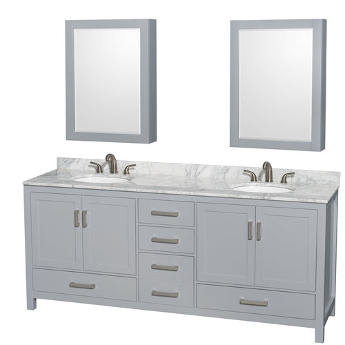 Wyndham Sheffield 80 Inch Double Bathroom Vanity in Gray, White Carrara Marble Countertop, Undermount Oval Sinks, and Medicine Cabinets- Wyndham