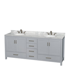 Load image into Gallery viewer, Wyndham Sheffield 80 Inch Double Bathroom Vanity in Gray, White Carrara Marble Countertop, Undermount Oval Sinks, and No Mirror- Wyndham