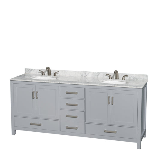 Wyndham Sheffield 80 Inch Double Bathroom Vanity in Gray, White Carrara Marble Countertop, Undermount Oval Sinks, and No Mirror- Wyndham