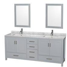 Load image into Gallery viewer, Wyndham Sheffield 80 Inch Double Bathroom Vanity in Gray, White Carrara Marble Countertop, Undermount Square Sinks, and 24 Inch Mirrors- Wyndham
