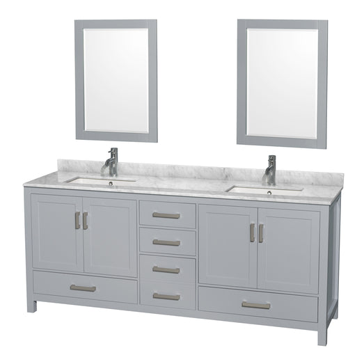 Wyndham Sheffield 80 Inch Double Bathroom Vanity in Gray, White Carrara Marble Countertop, Undermount Square Sinks, and 24 Inch Mirrors- Wyndham