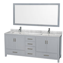 Load image into Gallery viewer, Wyndham Sheffield 80 Inch Double Bathroom Vanity in Gray, White Carrara Marble Countertop, Undermount Square Sinks, and 70 Inch Mirror- Wyndham