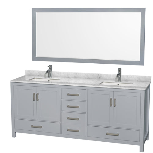 Wyndham Sheffield 80 Inch Double Bathroom Vanity in Gray, White Carrara Marble Countertop, Undermount Square Sinks, and 70 Inch Mirror- Wyndham
