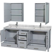 Load image into Gallery viewer, Wyndham Sheffield 80 Inch Double Bathroom Vanity in Gray, White Carrara Marble Countertop, Undermount Square Sinks, and Medicine Cabinets- Wyndham