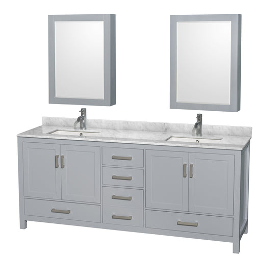 Wyndham Sheffield 80 Inch Double Bathroom Vanity in Gray, White Carrara Marble Countertop, Undermount Square Sinks, and Medicine Cabinets- Wyndham