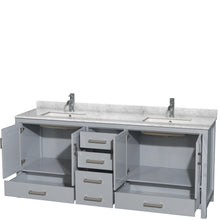 Load image into Gallery viewer, Wyndham Sheffield 80 Inch Double Bathroom Vanity in Gray, White Carrara Marble Countertop, Undermount Square Sinks, and No Mirror- Wyndham