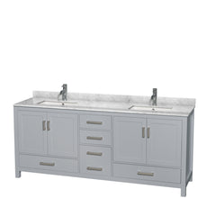 Load image into Gallery viewer, Wyndham Sheffield 80 Inch Double Bathroom Vanity in Gray, White Carrara Marble Countertop, Undermount Square Sinks, and No Mirror- Wyndham