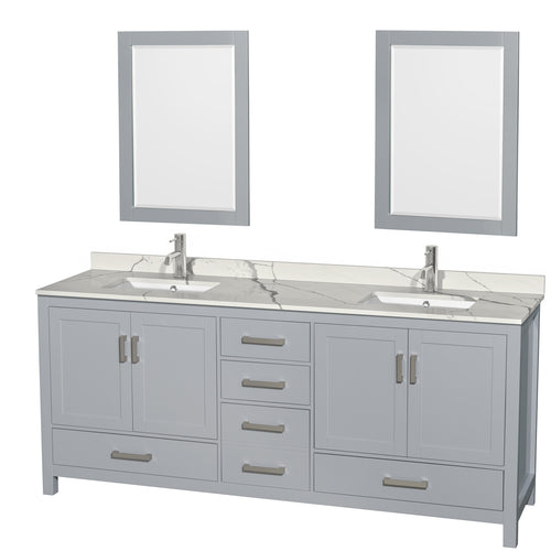 Wyndham Sheffield 80 Inch Double Bathroom Vanity in Gray, Calacatta Quartz Countertop, Undermount Square Sinks, 24 Inch Mirrors- Wyndham