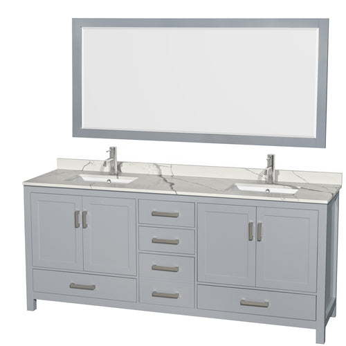 Wyndham Sheffield 80 Inch Double Bathroom Vanity in Gray, Calacatta Quartz Countertop, Undermount Square Sinks, 70 Inch Mirror- Wyndham