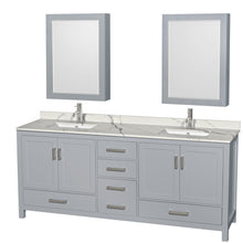 Load image into Gallery viewer, Wyndham Sheffield 80 Inch Double Bathroom Vanity in Gray, Calacatta Quartz Countertop, Undermount Square Sinks, Medicine Cabinets- Wyndham