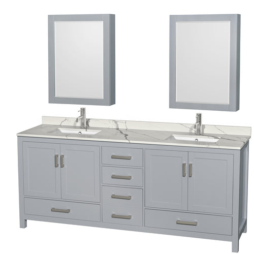 Wyndham Sheffield 80 Inch Double Bathroom Vanity in Gray, Calacatta Quartz Countertop, Undermount Square Sinks, Medicine Cabinets- Wyndham