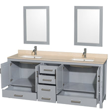 Load image into Gallery viewer, Wyndham Sheffield 80 Inch Double Bathroom Vanity in Gray, Ivory Marble Countertop, Undermount Square Sinks, and 24 Inch Mirrors- Wyndham