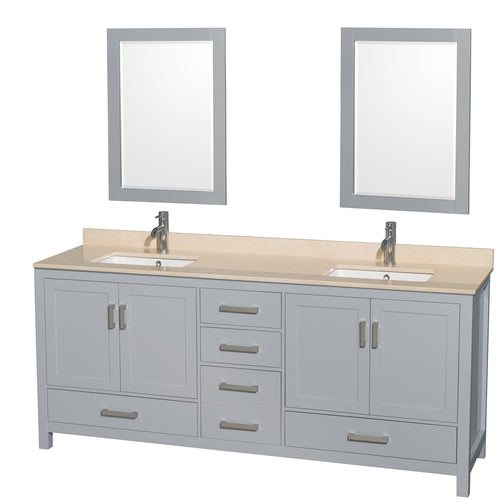 Wyndham Sheffield 80 Inch Double Bathroom Vanity in Gray, Ivory Marble Countertop, Undermount Square Sinks, and 24 Inch Mirrors- Wyndham