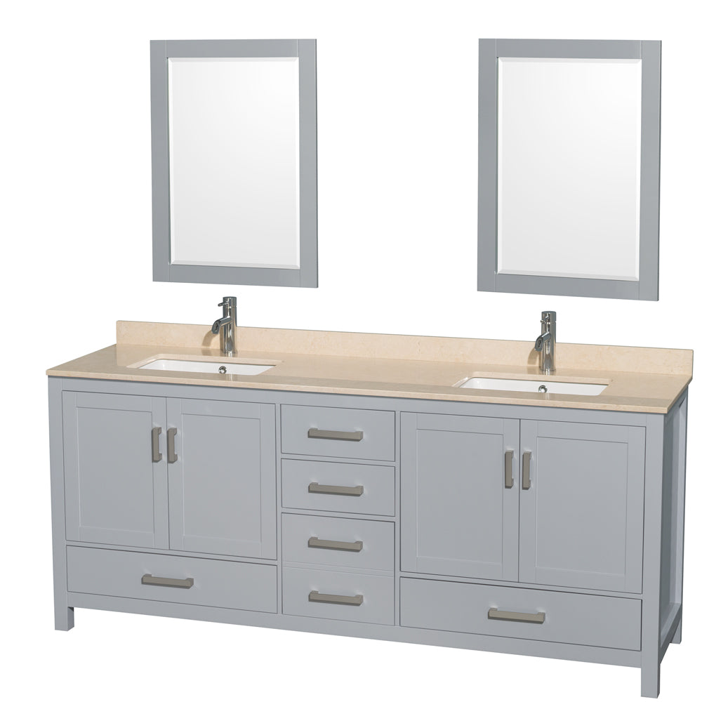 Wyndham Sheffield 80 Inch Double Bathroom Vanity in Gray, Ivory Marble Countertop, Undermount Square Sinks, and 24 Inch Mirrors- Wyndham
