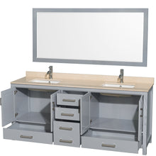 Load image into Gallery viewer, Wyndham Sheffield 80 Inch Double Bathroom Vanity in Gray, Ivory Marble Countertop, Undermount Square Sinks, and 70 Inch Mirror- Wyndham