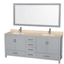 Load image into Gallery viewer, Wyndham Sheffield 80 Inch Double Bathroom Vanity in Gray, Ivory Marble Countertop, Undermount Square Sinks, and 70 Inch Mirror- Wyndham