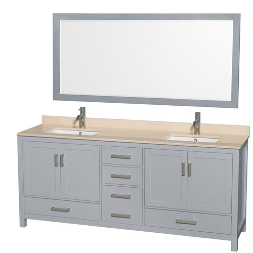Wyndham Sheffield 80 Inch Double Bathroom Vanity in Gray, Ivory Marble Countertop, Undermount Square Sinks, and 70 Inch Mirror- Wyndham