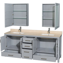 Load image into Gallery viewer, Wyndham Sheffield 80 Inch Double Bathroom Vanity in Gray, Ivory Marble Countertop, Undermount Square Sinks, and Medicine Cabinets- Wyndham