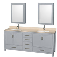 Load image into Gallery viewer, Wyndham Sheffield 80 Inch Double Bathroom Vanity in Gray, Ivory Marble Countertop, Undermount Square Sinks, and Medicine Cabinets- Wyndham