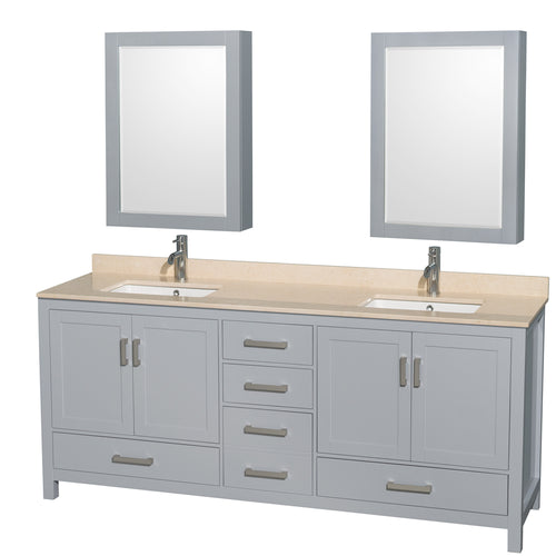 Wyndham Sheffield 80 Inch Double Bathroom Vanity in Gray, Ivory Marble Countertop, Undermount Square Sinks, and Medicine Cabinets- Wyndham