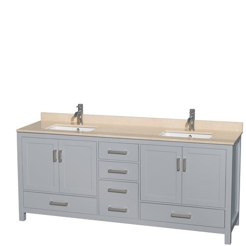 Wyndham Sheffield 80 Inch Double Bathroom Vanity in Gray, Ivory Marble Countertop, Undermount Square Sinks, and No Mirror- Wyndham