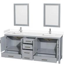 Load image into Gallery viewer, Wyndham Sheffield 80 Inch Double Bathroom Vanity in Gray, White Cultured Marble Countertop, Undermount Square Sinks, 24 Inch Mirrors- Wyndham
