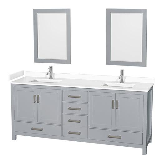 Wyndham Sheffield 80 Inch Double Bathroom Vanity in Gray, White Cultured Marble Countertop, Undermount Square Sinks, 24 Inch Mirrors- Wyndham