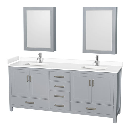 Wyndham Sheffield 80 Inch Double Bathroom Vanity in Gray, White Cultured Marble Countertop, Undermount Square Sinks, Medicine Cabinets- Wyndham