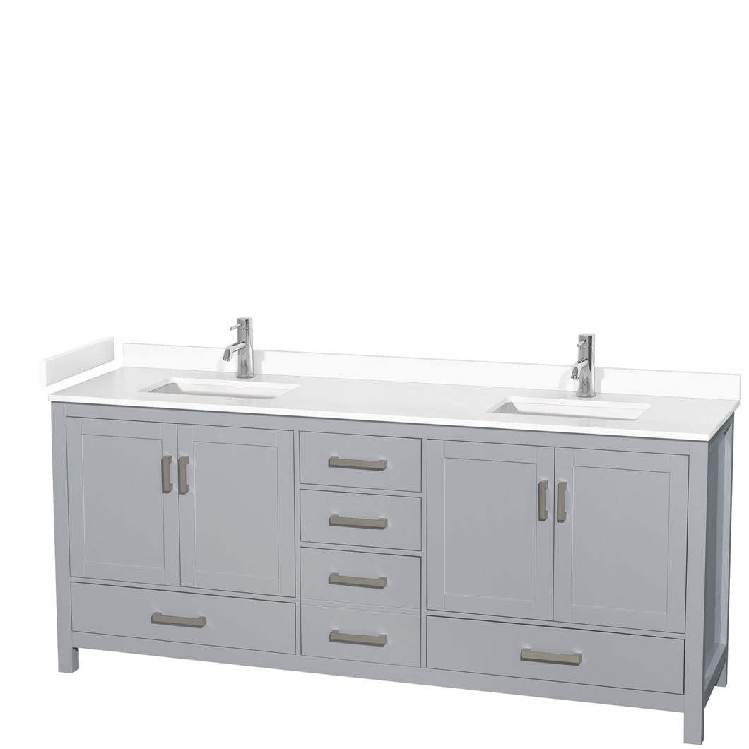 Wyndham Sheffield 80 Inch Double Bathroom Vanity in Gray, White Cultured Marble Countertop, Undermount Square Sinks, No Mirror- Wyndham