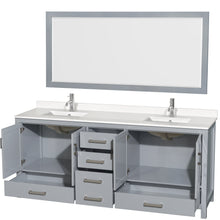 Load image into Gallery viewer, Wyndham Sheffield 80 Inch Double Bathroom Vanity in Gray, White Quartz Countertop, Undermount Square Sinks, 70 Inch Mirror- Wyndham